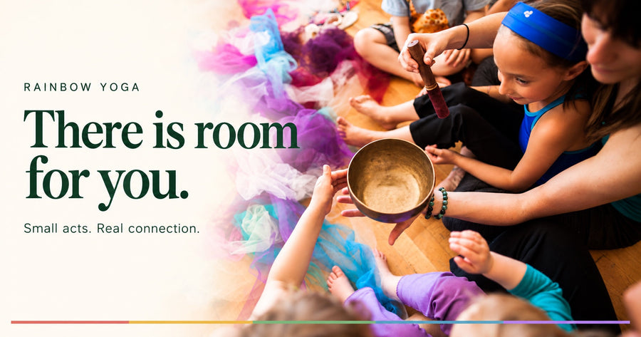 There is room for you: a child sharing a singing bowl in a Rainbow Yoga circle.