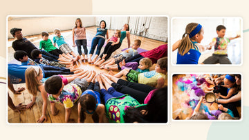 Rainbow Yoga photo collage showing a family yoga circle, children playing together and a child exploring a singing bowl.